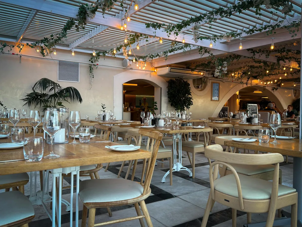 Elegant indoor restaurant setting with wooden furniture, warm lighting, and decorative foliage.